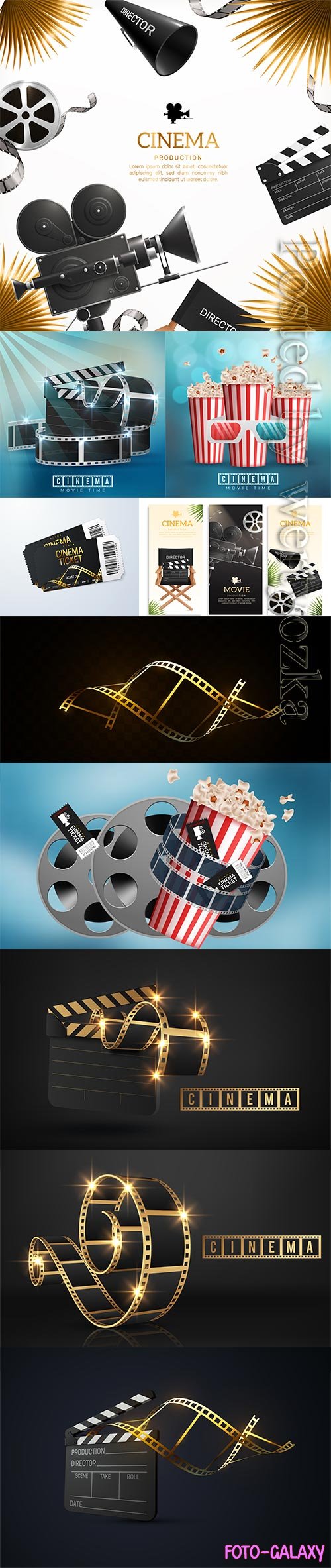 Realistic cinema movie background with film reel, clapper, popcorn, 3d glasses