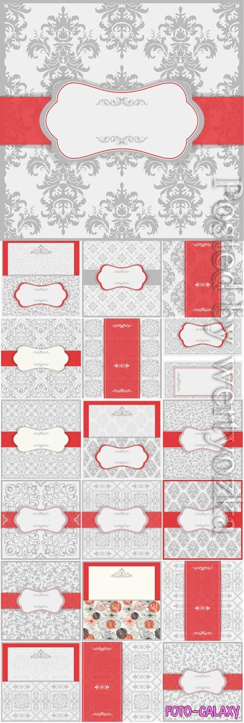 Vintage wedding invitation cards with gray patterns in vector