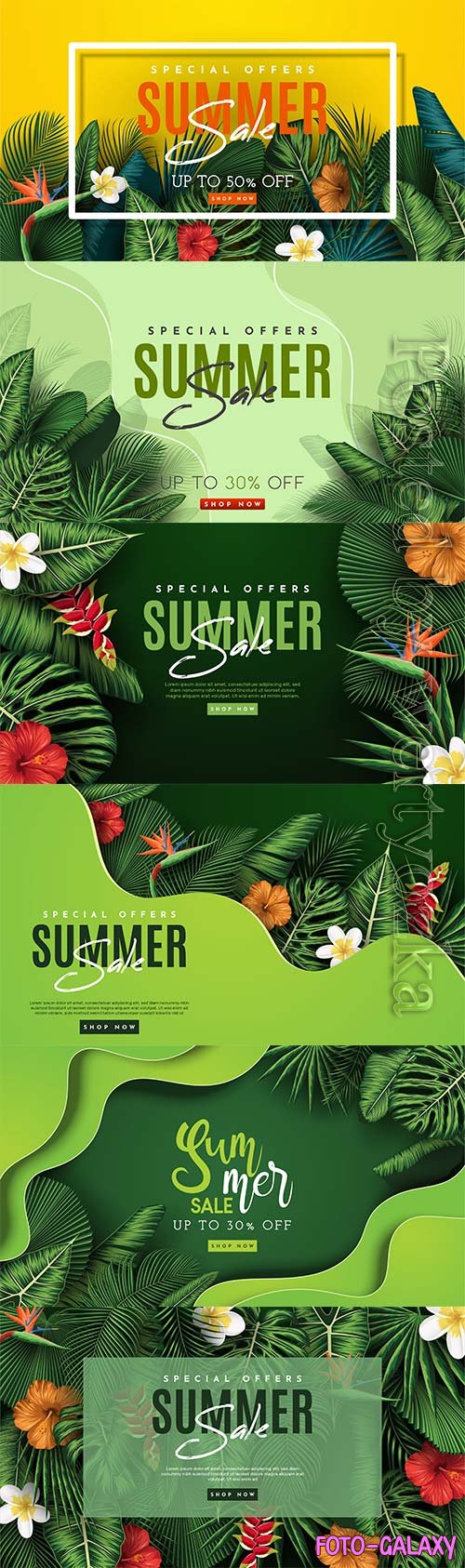 Summer sale vector banner with tropical leaves