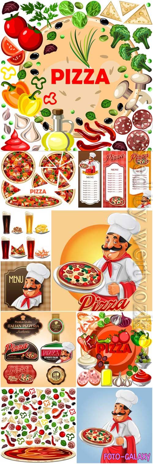 Promotional pizza labels and posters in vector