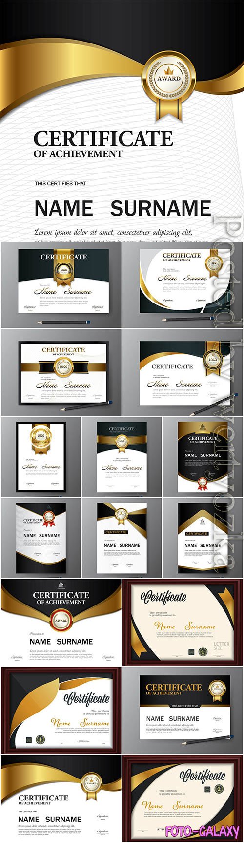 Diplomas and certificates with gold design in vector
