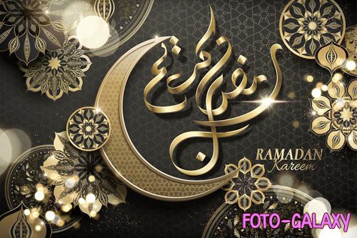 Ramadan kareem card with arabic calligraphy and glossy crescent