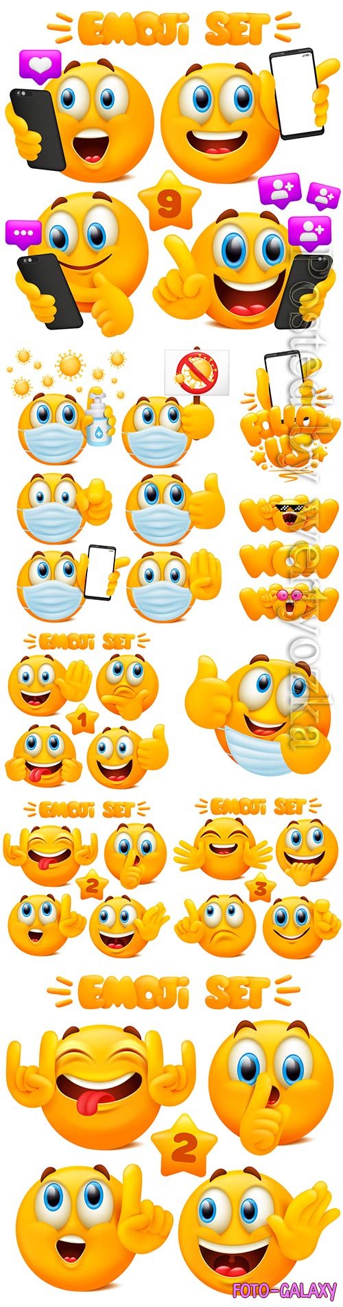 Set of yellow emoji cartoon characters with different facial expressions in glossy 3d