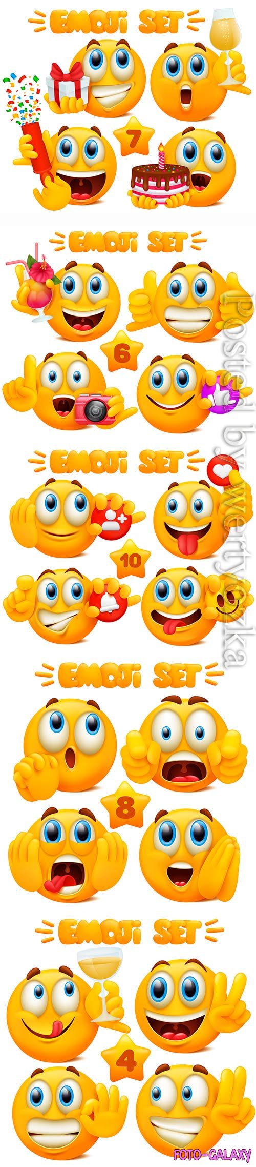 Yellow emoji cartoon characters in glossy 3d