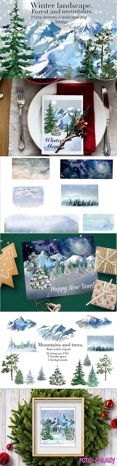 Winter forest landscape, mountains watercolor clipart - 995142