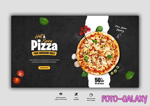 Food menu and delicious pizza web banner template Premium Psd