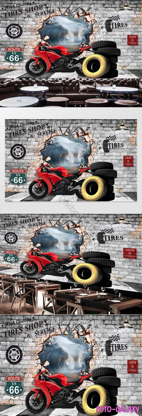 Retro 3d brick wall motorcycle background wall