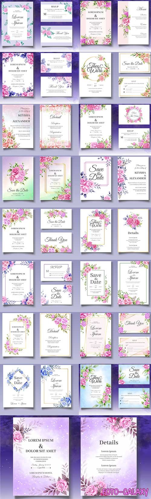 Элегантные приглашения на свадьбу с цветами - Векторный клипарт