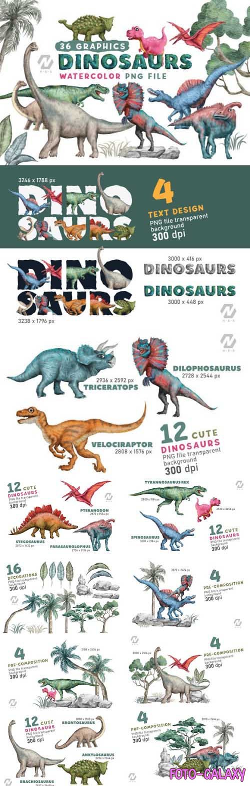 Cute Dinosaurs Watercolor PNG Clipart