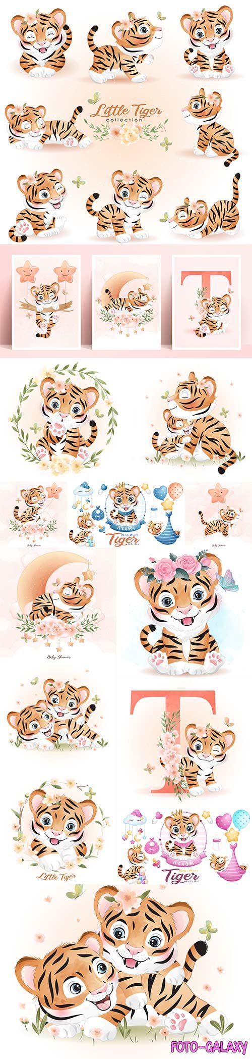 Cute doodle tiger with watercolor illustration set premium vector