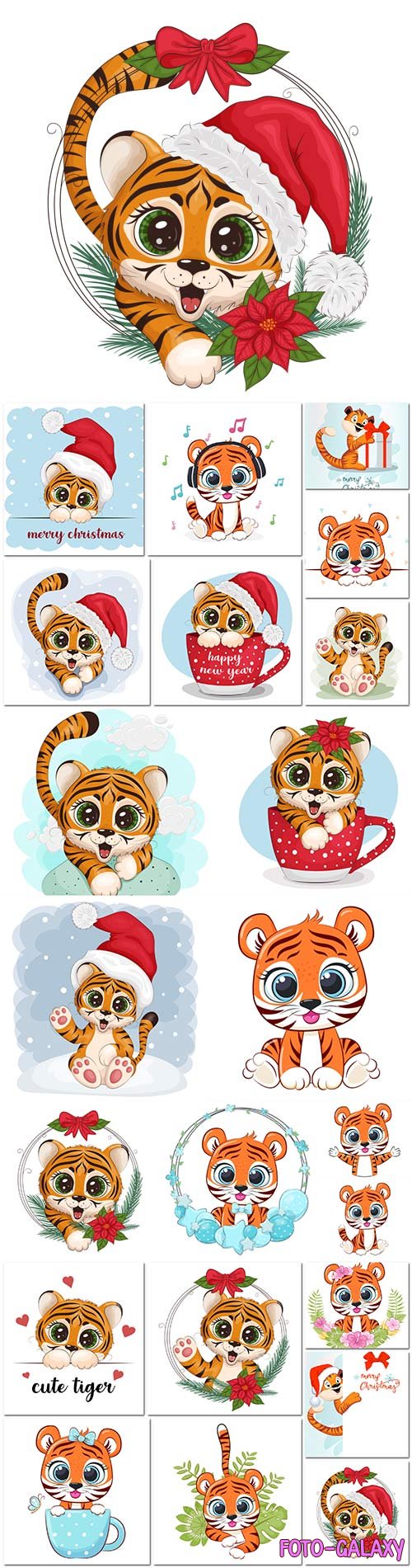 Cute cartoon tiger, christmas, new year card 2022 vector illustration