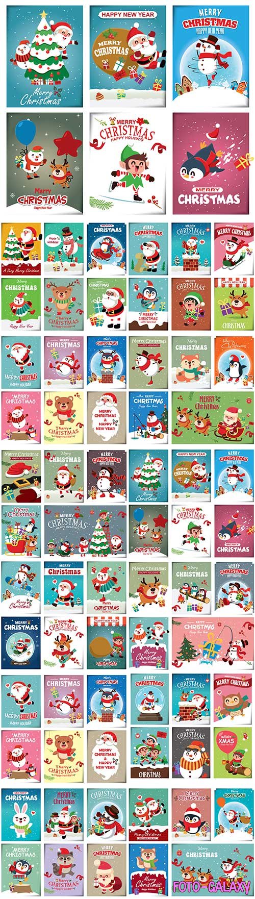 Christmas vintage poster design with vector snowman reindeer penguin santa claus premium vector