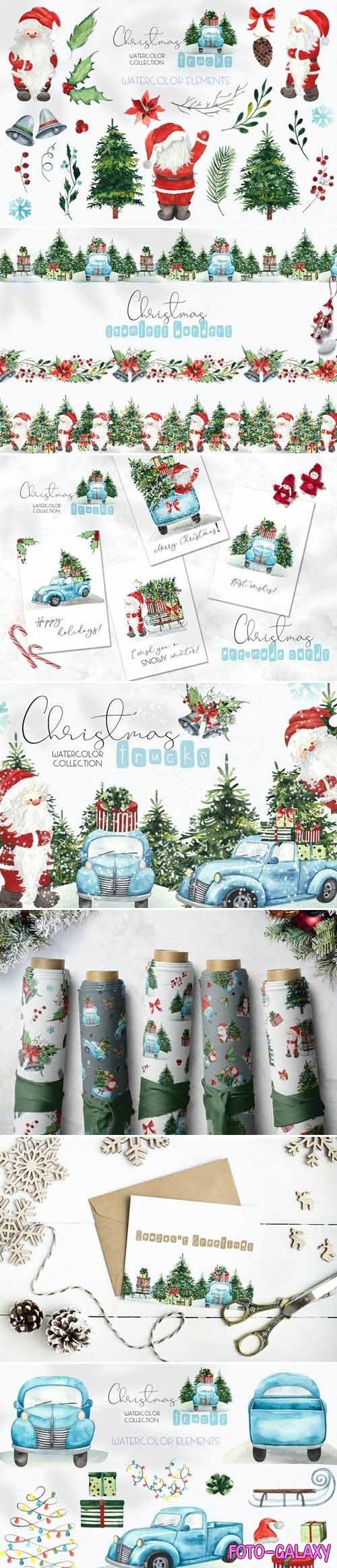 Watercolor Christmas trucks - 5428563