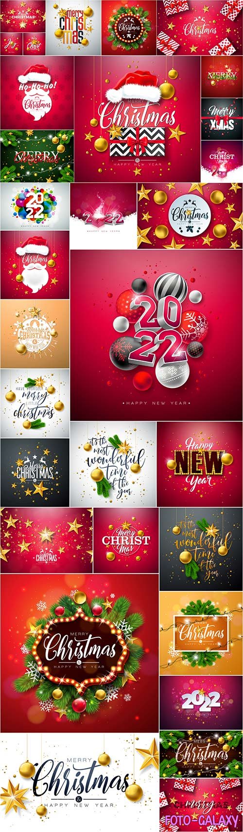 Merry christmas and happy new year illustration with gift box gold glass ball star and typography vector