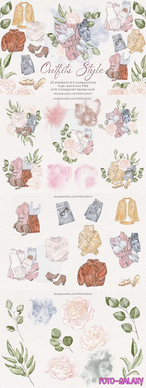Fashion Watercolor Outfits Clipart Floral Clothes - 1765347