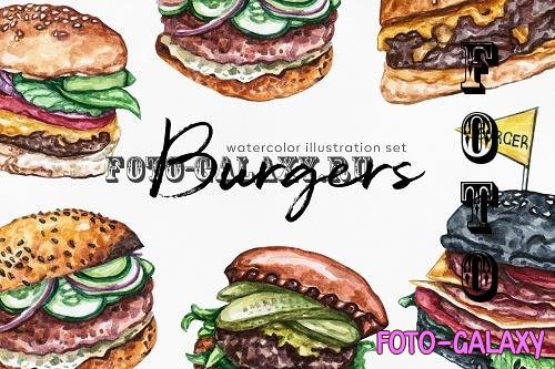 Burger. Watercolor food set illustrations. 6 burgers - 440285