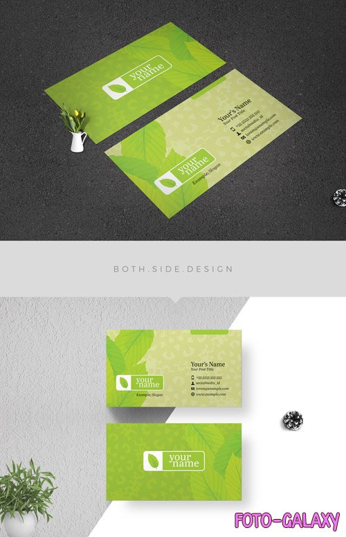 Business Card Layout with Green Foliage Elements 210195184