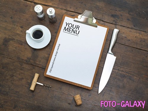 Restaurant Menu with Clipboard on Wooden Table Mockup 213112880