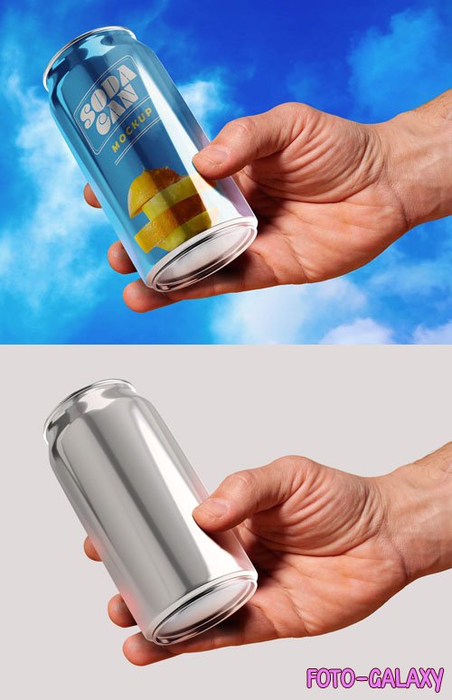 Glossy Tin Can In Hand PSD Mockup Template