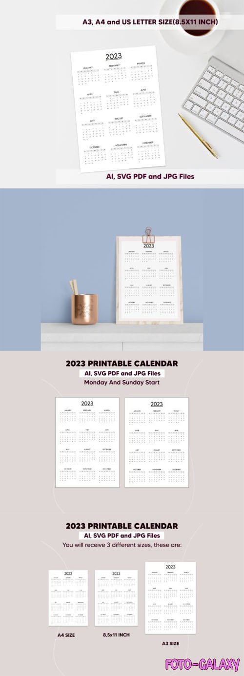 2023 Printable Calendar [A3/A4/US Letter] Vector Templates