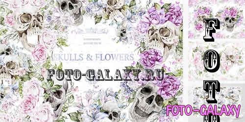 Watercolor Skulls & Flowers - 6313703