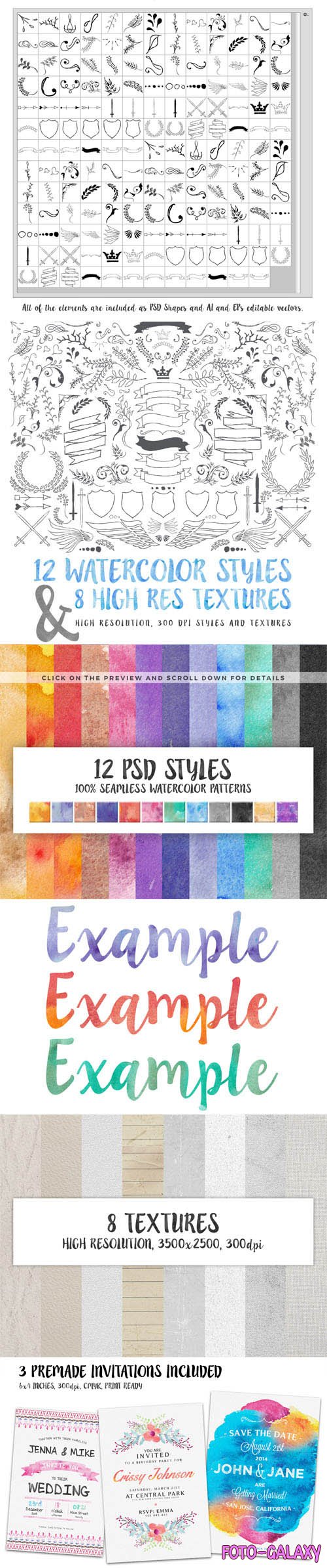 Watercolor Handmade Design Toolkit [300+ Elements] for Photoshop & Illustrator
