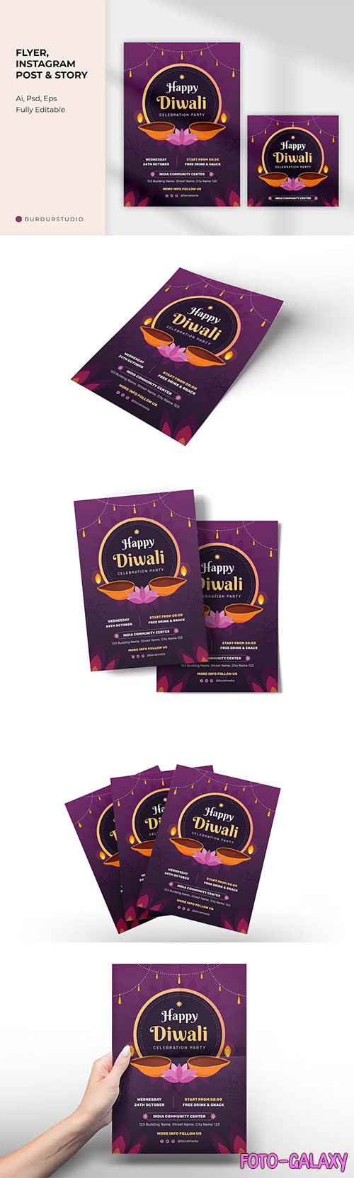 Happy Diwali Celebration Party Flyer and Instagram PSD