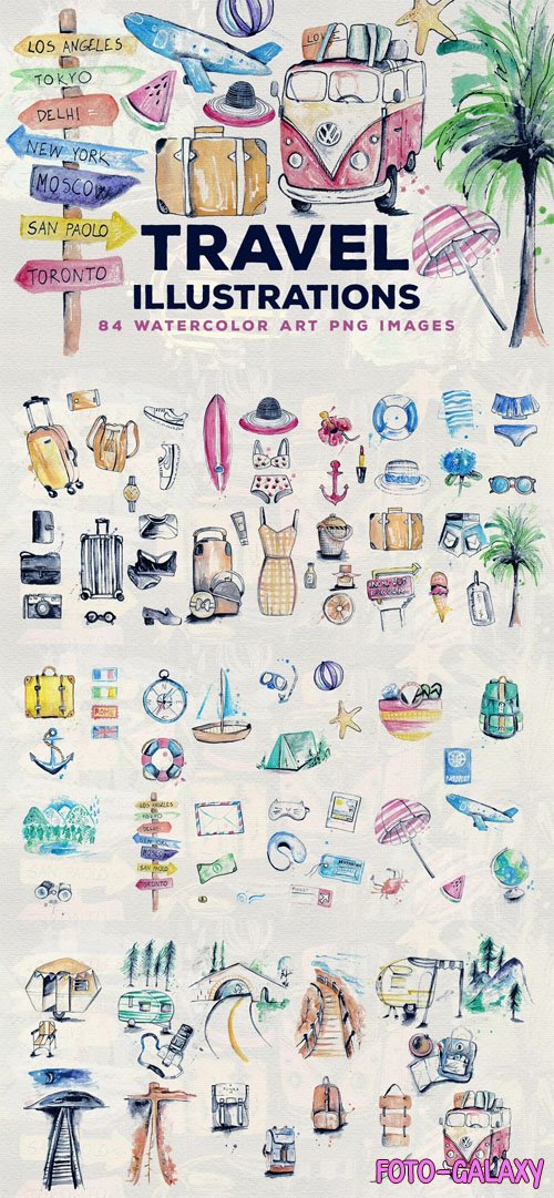 Travel Illustrations - 84 Watercolor Art PNG Images