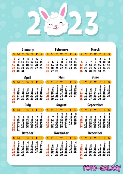 Calendar for 2023 with a cute character rabbit week starts on sunday fun and bright design cartoon style