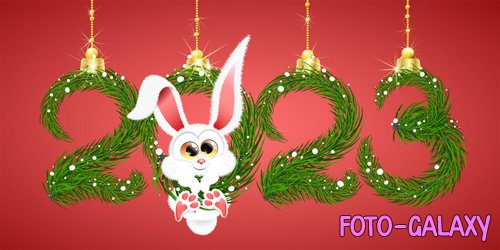 Cute fluffy white cartoon winter rabbit hanging in 2023 new year number