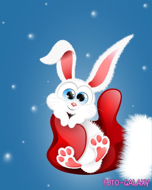 Red santa claus mitten holding white little cute rabbit