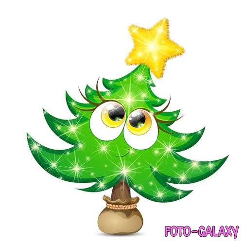 Funny fir tree girl character with yellow shiny star and christmas lights in a pot bag