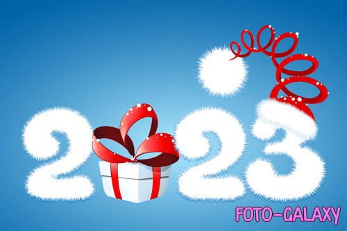 Cute fluffy white cartoon 2023 new year number with gift box and santa claus hat