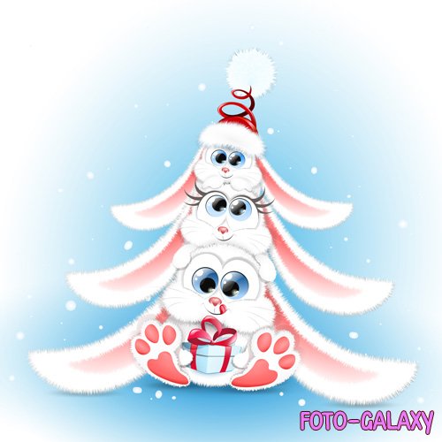 Cute fluffy cartoon white rabbit family sitting one on each other in christmas tree shape