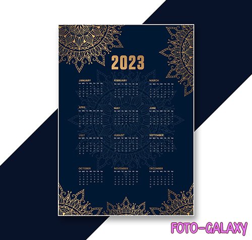 Calendar template 2023 new year with golden patterns