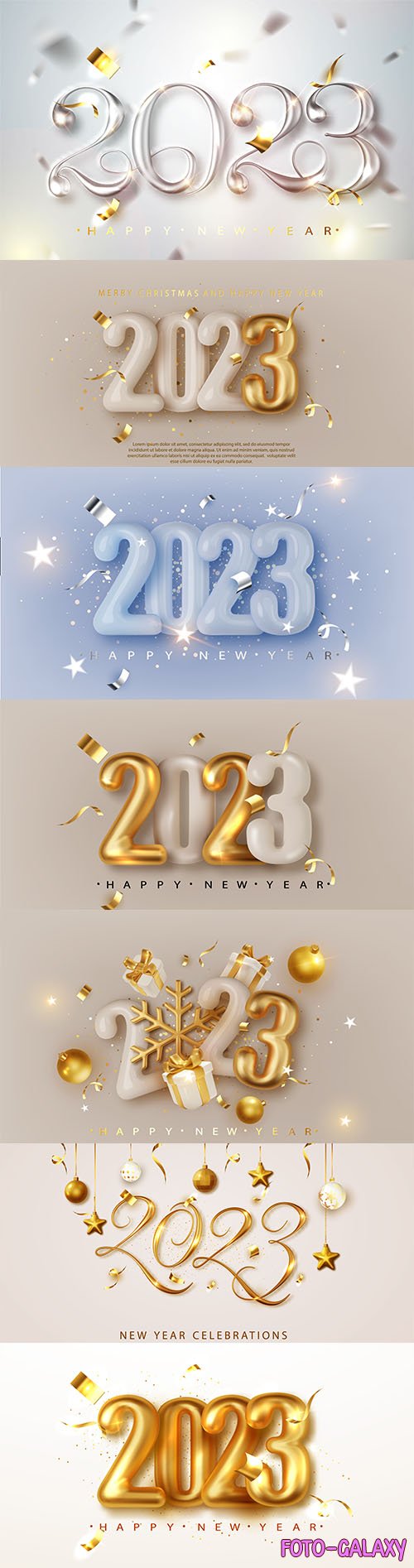 Happy new year 2023 golden numbers with ribbons and confetti