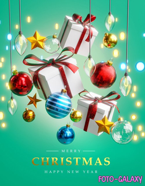 Merry christmas card poster template, hanging box, gift christmas ball, christmas lights bokeh, stars