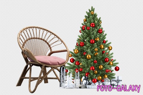 Christmas tree, gifts and armchair in 3d rendered