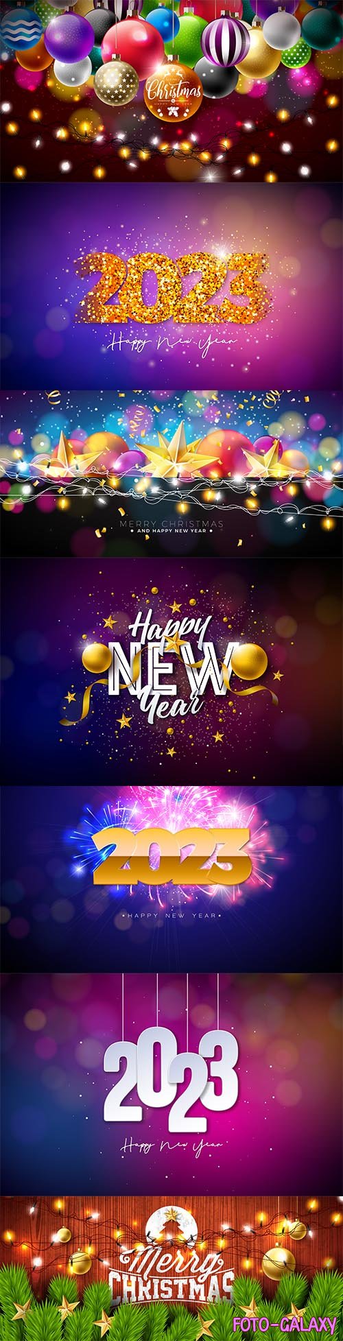 Merry christmas and happy new year illustration with gold star glass ball and lights garland
