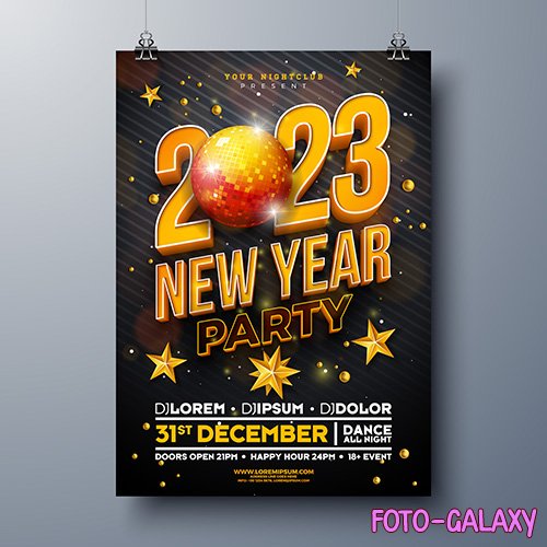 New year party celebration poster template design with 3d 2023 number and shiny disco ball