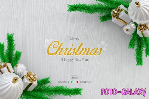 Christmas wooden background mockup with pine leaves wreath 3d gift boxes and bauble balls
