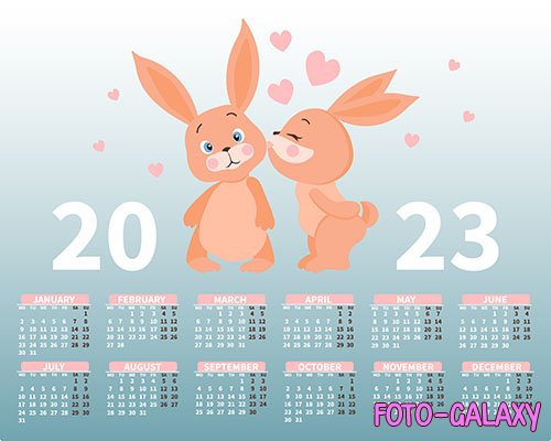 Calendar 2023 with a cute pair of bunnies in love on the background of hearts illustration, print