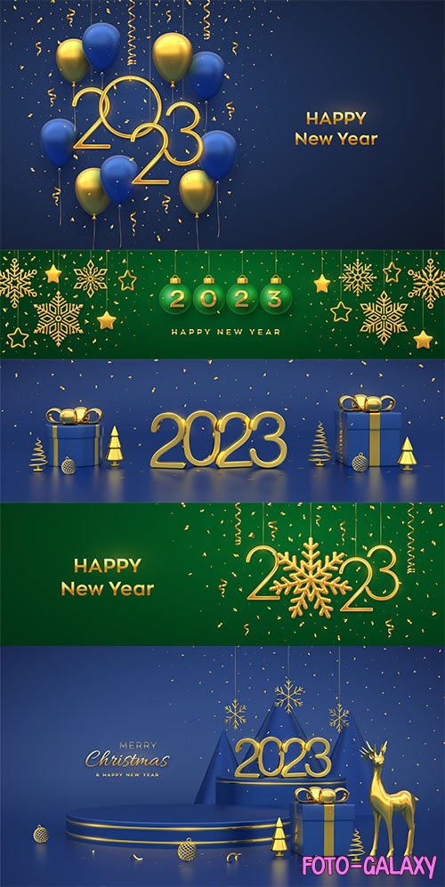 Happy new year 2023 hanging green christmas bauble balls with realistic golden 3d numbers
