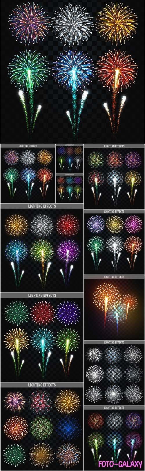 Vector fireworks set, realistic bright colorful salutes