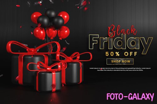 Black friday psd sale banner with balloons and gift box or flack friday offer banner