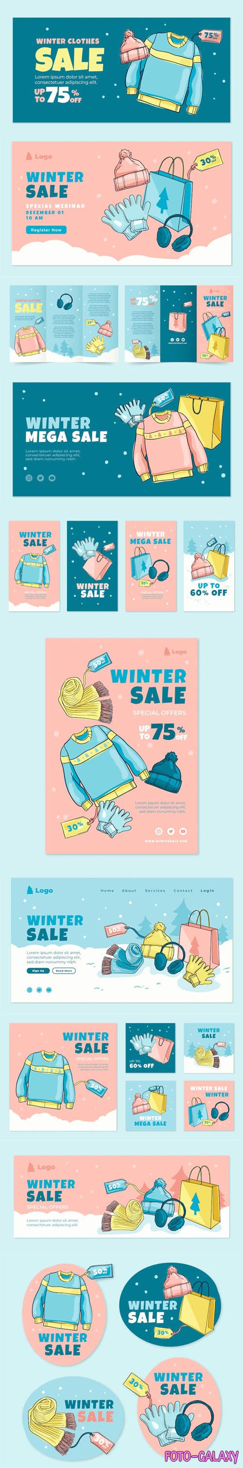 Hand Drawn Winter Sale Marketing Vector Templates Pack