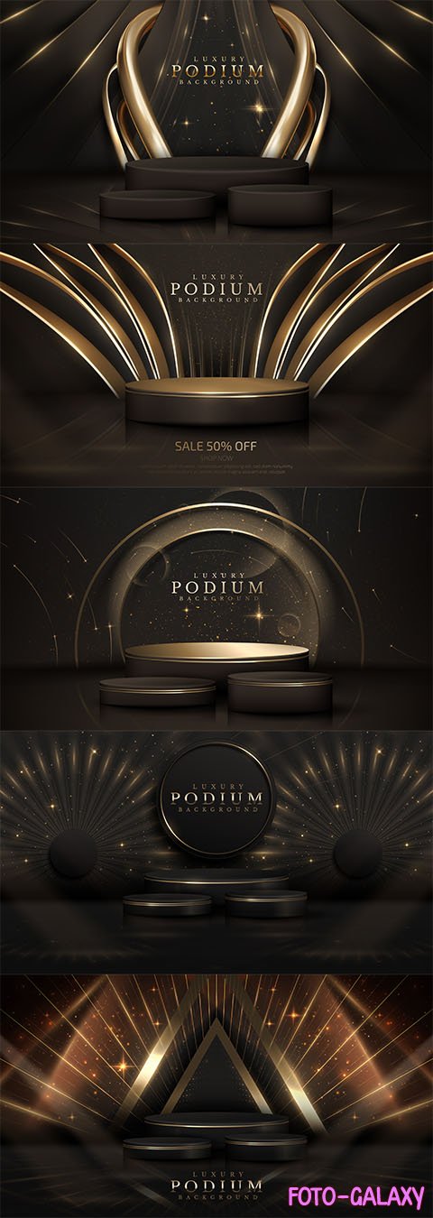 Podium with golden curve line decoration and glitter light effect elements and stars