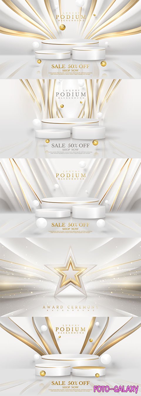 Vector 3d white product display podium background with gold line decoration and balls elements