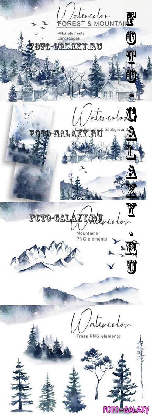 Watercolor Forest & Mountain clipart. Winter landscape - 2346142