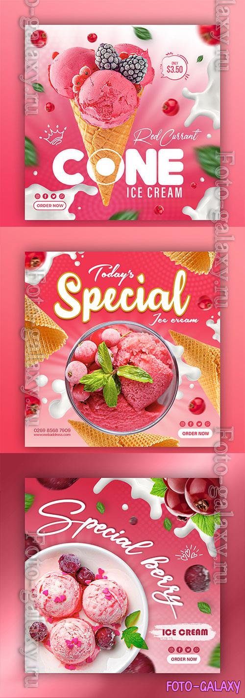 PSD yummy juicy red currant special delicious ice cream cone social media banner post design template